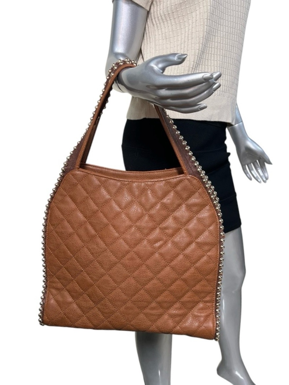 Big Buddha Vegan Leather Quilted Tote Bag Gold Studded Trim Shoulder Bag Boho